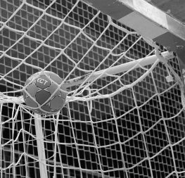 Ein Handball liegt auf dem Tornetz